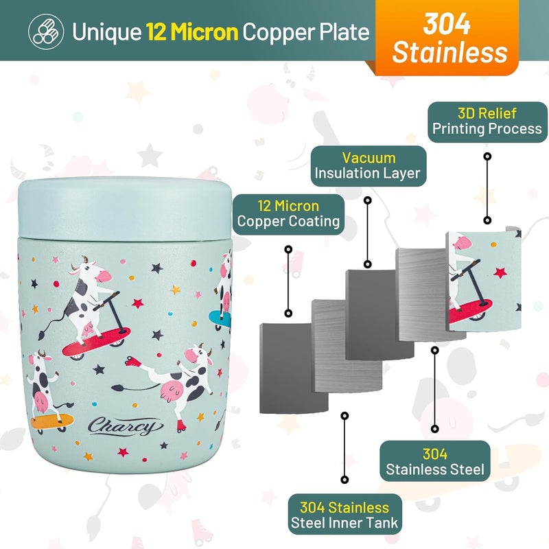 Charcy 9oz Stainless Steel Vacuum Insulated Kids Food Jar - Soup Thermo for Hot & Cold Food - Cyan Dairy Cow - Image 3